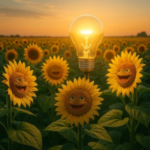 Des tournesols dans un champs regardent une ampoule pleine d'idée - Lutin Malin