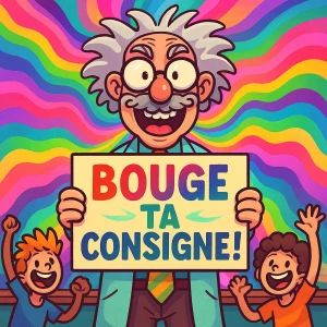 Un professeur dans sa classe avec une consigne écrite sur un panneau qu'il tient en main, ses élèves derrière