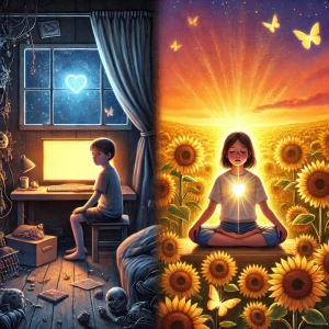 Un enfant qui pratique la cohérence cardiaque dans un champs de tournesol et un autre enfant dans le stress et derrière un écran.