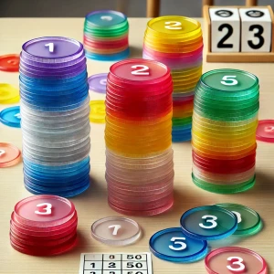 Des jetons sont comptés et disposés sur une table d'une école maternelle