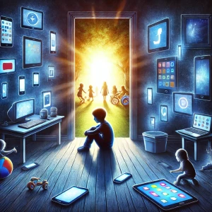 Un enfant seul regarde un écran d'ordinateur dans sa chambre