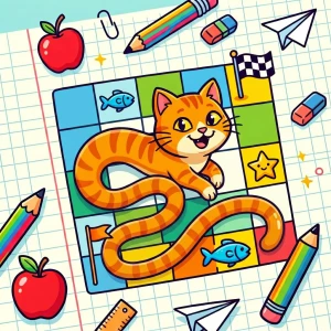 Grille du Jeu Chat Élastique avec un parcours logique reliant le chat au drapeau