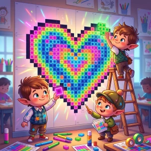 Mosaïque collective en pixel art découpée en plusieurs feuilles à colorier et assembler en classe