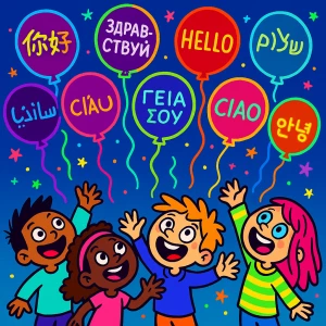 Des enfants attrapent des ballons avec des mots en langue étrangères (bonjour) écrits dessus