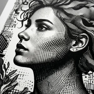 Image transformée en trame noir et blanc avec effet de dithering et points monochromes