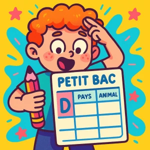 Un enfant avec une grille de jeu du Petit Bac, jeu du baccalauréat en ligne