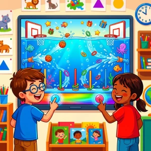Jeu d’eau éducatif avec jets, balles et anneaux à placer dans des cibles