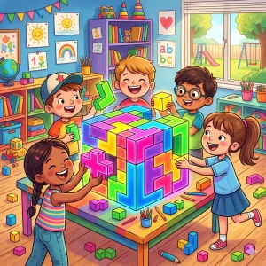 Puzzle géométrique en 3D consistant à reconstruire un cube avec des pièces à imbriquer