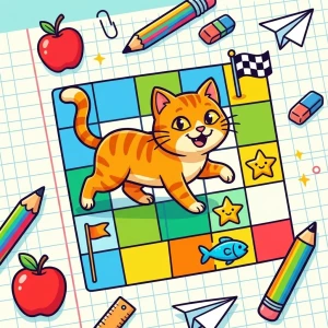 Jeu Chat Élastique avec un chat à étirer sur toutes les cases d’un quadrillage jusqu’au drapeau