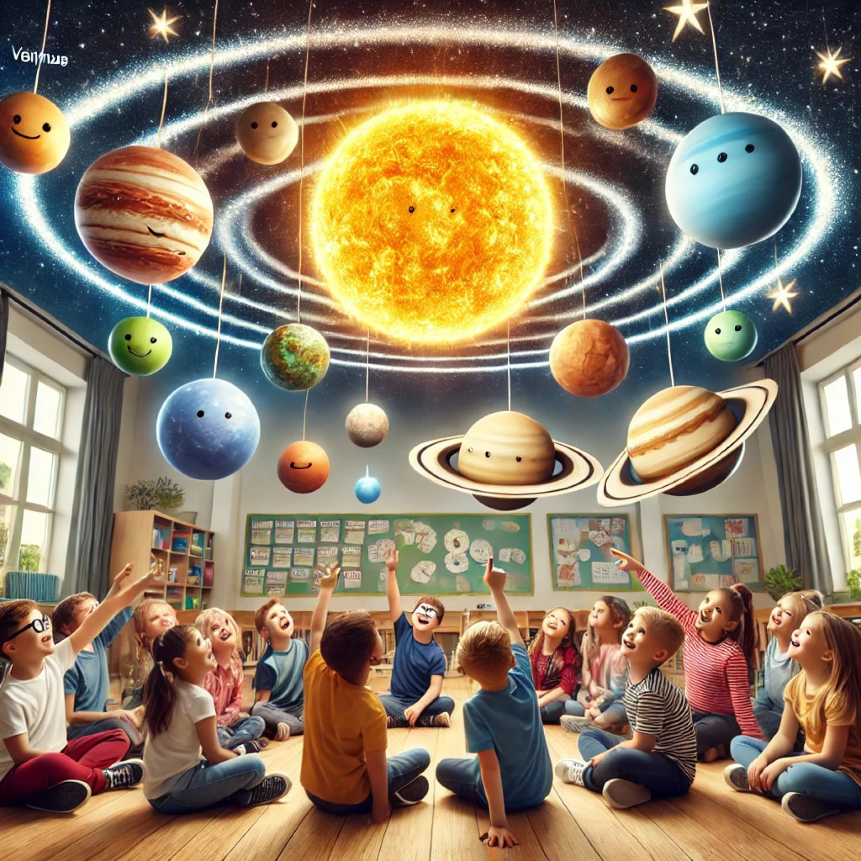 Les élèves d'une classe regardent le système solaire dans leur classe