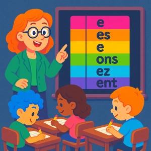 Une maîtresse travaille la conjugaison sur un tableau avec ses élèves